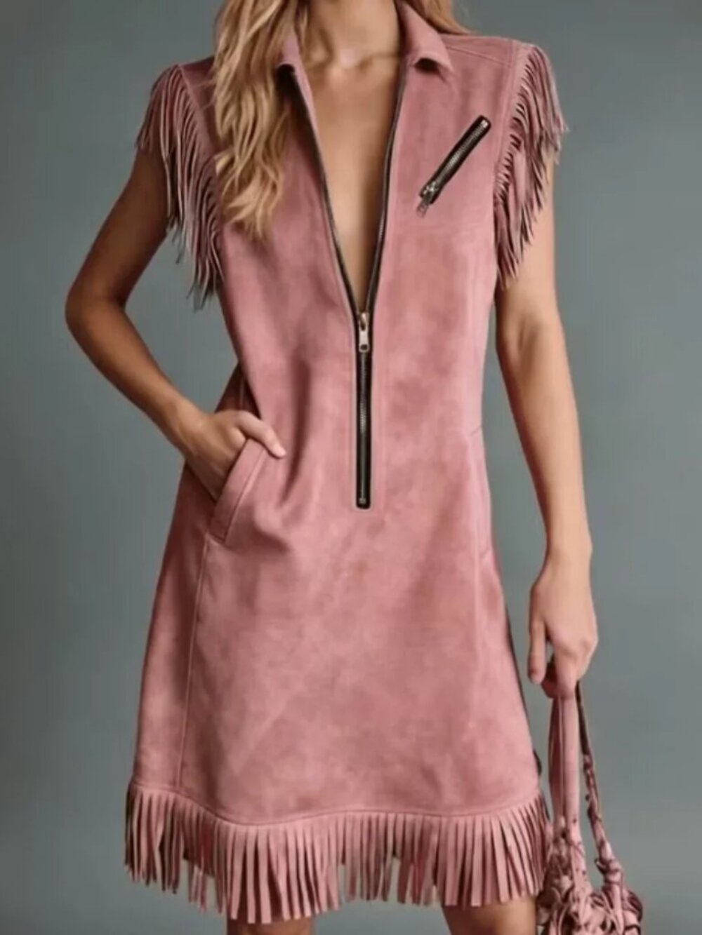 Western Fringe Half-Zip Dress Pink